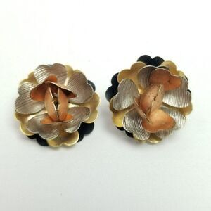 Vintage 3D Flower Clip On Earrings, Mixed Metal Color Petals, Estate